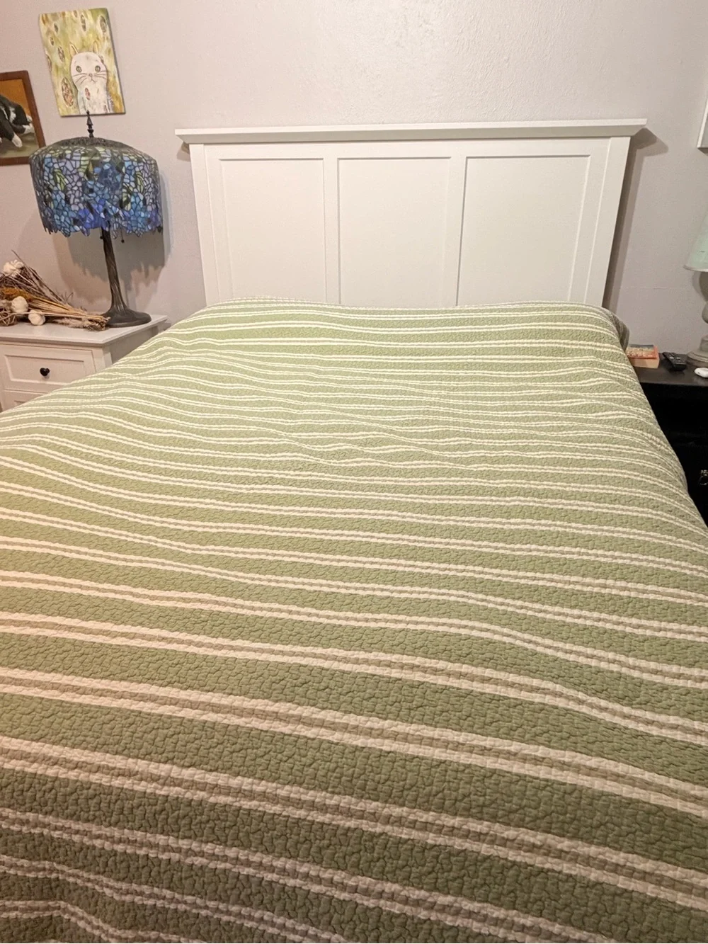 Reversible comforter tan floral and green stripe